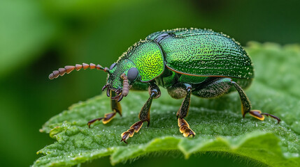 Vibrant green beetle resting on leaf in a garden setting during daylight. 