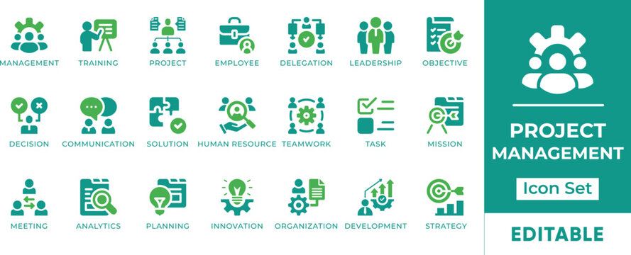 Project Management Icon Set. Features editable icons for project management symbols, planning, execution, control, and monitoring. Perfect for project managers, teams, and businesses.