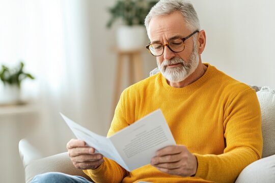Senior Man Reading Investment Brochure in Cozy Living Room, Reflecting on Retirement Plans and Financial Future