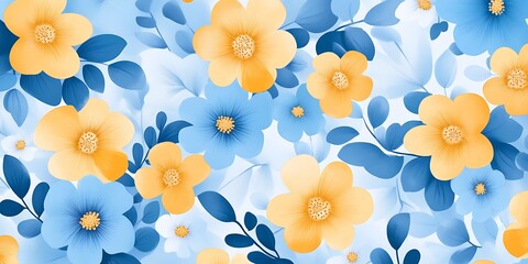 Blue and Yellow Flowers with Green Leaves Pattern