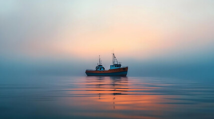 Obraz premium Fishing boat floats serenely on calm waters during a foggy sunrise. 