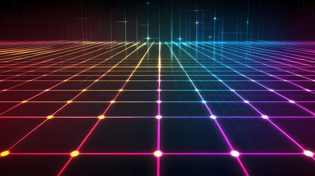 Vibrant digital grid visualization digital realm graphic design neon environment aerial view abstract concept