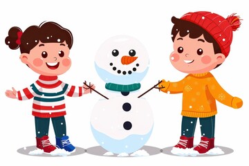 Naklejka premium Children building a snowman in winter wonderland outdoor scene fun activity playful environment cheerful viewpoint
