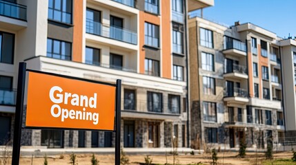 Obraz premium Grand opening sign in front of new apartment building complex.