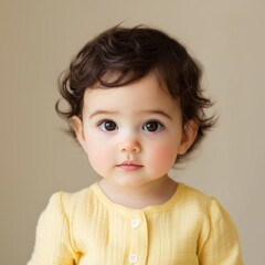 Naklejka premium Cute Baby with Brown Hair and Big Eyes in Soft Yellow Outfit