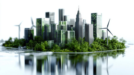 Fototapeta premium modern city skyline featuring green buildings, trees, and wind turbines, reflecting on water. This eco friendly urban landscape showcases sustainability and innovation