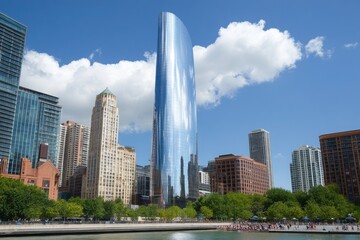 Fototapeta premium Modern Office Tower with Cloud Reflection in Cityscape
