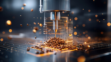 high tech coffee grinder with digital features, showcasing coffee beans being ground. scene is illuminated with modern aesthetic, emphasizing precision and innovation
