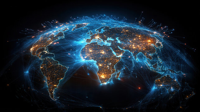 glowing fiber optic network connects cities across globe, showcasing vibrant lights and intricate connections
