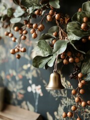 Festive Single Bell Tied to Garland with Greenery , Blur Background