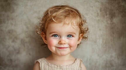 Fototapeta premium Cute toddler with curly hair and bright blue eyes smiling joyfully