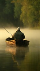 A serene early morning scene of a middle-aged man fishing from a small wooden boat amidst calm waters and mist.
