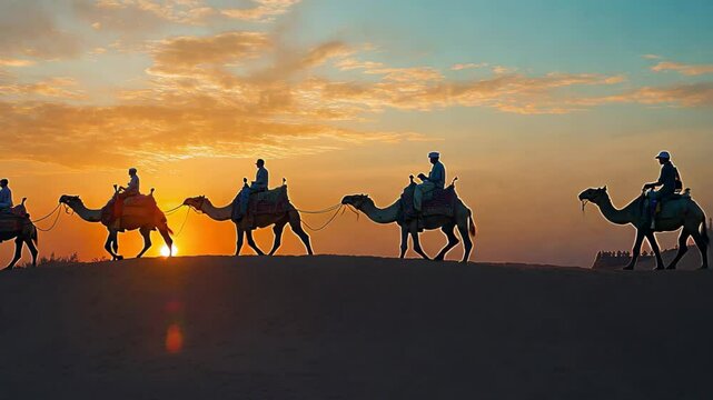 Cameleers guide camels at sunset in across the desert landscape in Thailand, Cameleers, camel Drivers at sunset in Thar desert on sunset Jaisalmer, Rajasthan, India