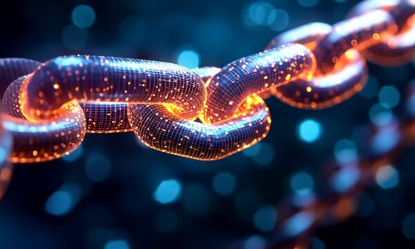 A glowing digital chain link symbolizing connectivity and technology.