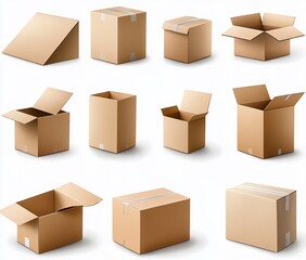 Fototapeta premium Twelve cardboard boxes in various shapes and open/closed positions on white background.