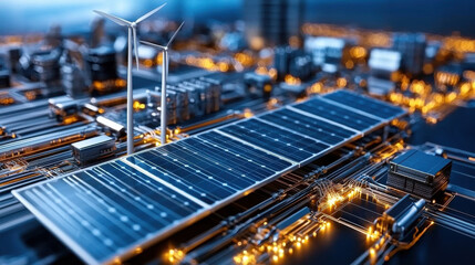 detailed close up of smart grid system featuring solar panels, wind turbines, and interconnected technology, showcasing renewable energy integration and urban infrastructure