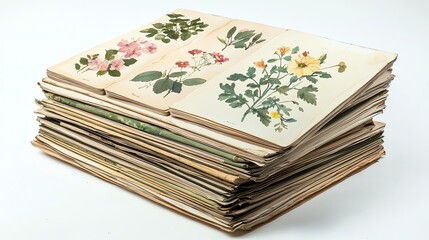 A stack of ten pastel-toned watercolor cards, each with unique botanical motifs, laid against a simple linen background, no brand marks.