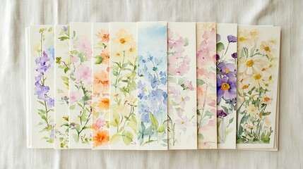 A stack of ten pastel-toned watercolor cards, each with unique botanical motifs, laid against a simple linen background, no brand marks.