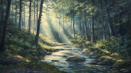Obraz premium Serene forest landscape with sunlight illuminating a flowing stream. 