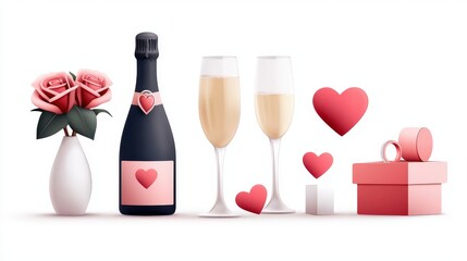 Illustration of a romantic proposal moment with a ring box, roses, and champagne set in flat vector style on white.