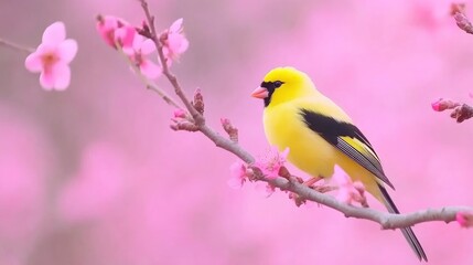 Naklejka premium Serene Yellow Bird on Pink Blossoms