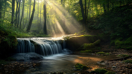 Fototapeta premium Serene forest waterfall with sunlight rays illuminating peaceful stream. 