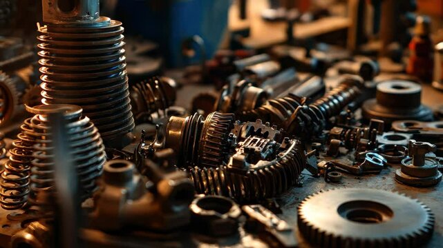 Dismantled auto transmission gears arranged on a workbench in a mechanical workshop setting, Auto transmission gears dismantled, workbench setting, high contrast light, detailed closeup