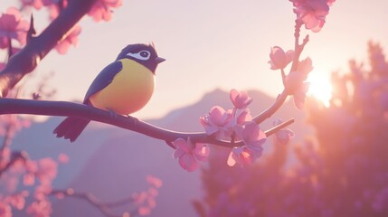 Fototapeta premium Serene Sunrise: A Yellow Bird Perched on a Blossom Branch