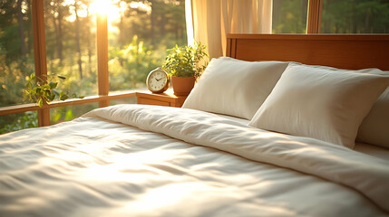 Sunlight Streams Through Bedroom Window, Illuminating Crisp White Bedding and Plants
