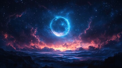 Glowing moon, starry sky, alien landscape.