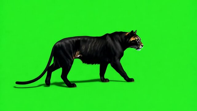 A sleek panther prowling across a green screen