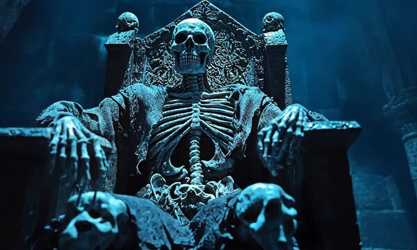 A skeletal figure seated on an ornate throne in a dimly lit, atmospheric setting.