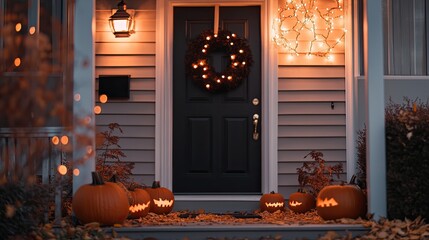 Obraz premium Decorated house entrance for Halloween with pumpkins, wreath, and lights.