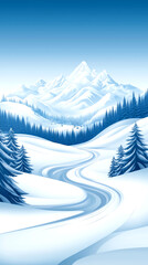Fototapeta premium A snowy mountain range with a river running through it. The scene is peaceful and serene, with the snow-covered trees and mountains creating a sense of calm and tranquility