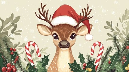 Adorable cartoon reindeer wearing a Santa hat surrounded by festive decorations, including candy canes, holly, and snowflakes, ideal for holiday-themed projects and designs.