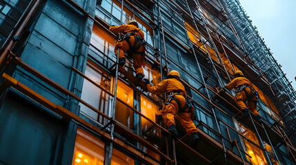 Fototapeta premium Workers Scaling Building Facade with Safety Gear