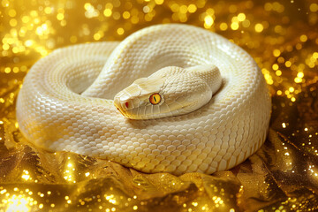 Fototapeta premium Albinos banana eastern kingsnake or common kingsnake in front of golden background