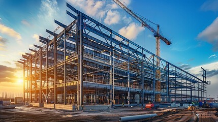 Steel Frame Building Under Construction at Sunset with Crane