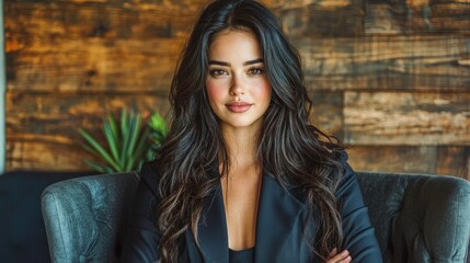 Fototapeta premium Confident young businesswoman with long dark hair sits in a grey armchair against a rustic wooden wall.