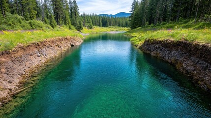 Fototapeta premium Serene River Surrounded by Lush Green Forest and Clear Blue Sky