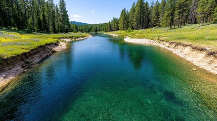 Tranquil River Surrounded by Lush Green Forest and Blue Skies