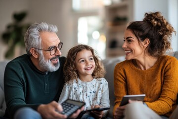 Diverse Family Group Engaging in Financial Planning Session Together with Laughter and Smiles at Home on a Cozy Couch