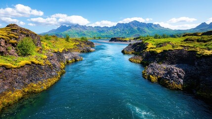 Obraz premium Serene Blue River Flowing Between Lush Green Mountains and Rocks