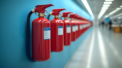 Red Fire Extinguishers Line a Wall Safely