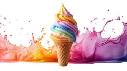 ice cream cone with chocolate, 3d melting summer ice cream cone with rainbow pride color on transparent background 
