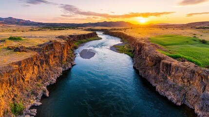 Serene Sunset Over a Tranquil River in a Scenic Landscape