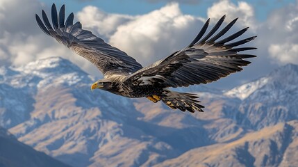 Fototapeta premium Eagle Soaring Over Majestic Mountains in a Scenic Sky, Embodying Freedom and Wilderness, wildlife photography