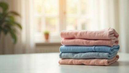 Stack of pink and blue towels on a light surface with window light.Wellness promotions, spa advertisement, luxury hotel marketing, relaxation-themed promotions, home decor, hygiene products.Relaxation