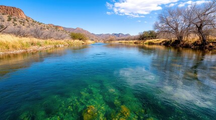 Serene River Landscape with Clear Water and Mountain Backdrop