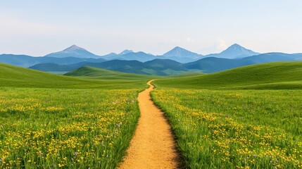 Scenic Mountain Pathway Through Lush Green Grassland Landscape